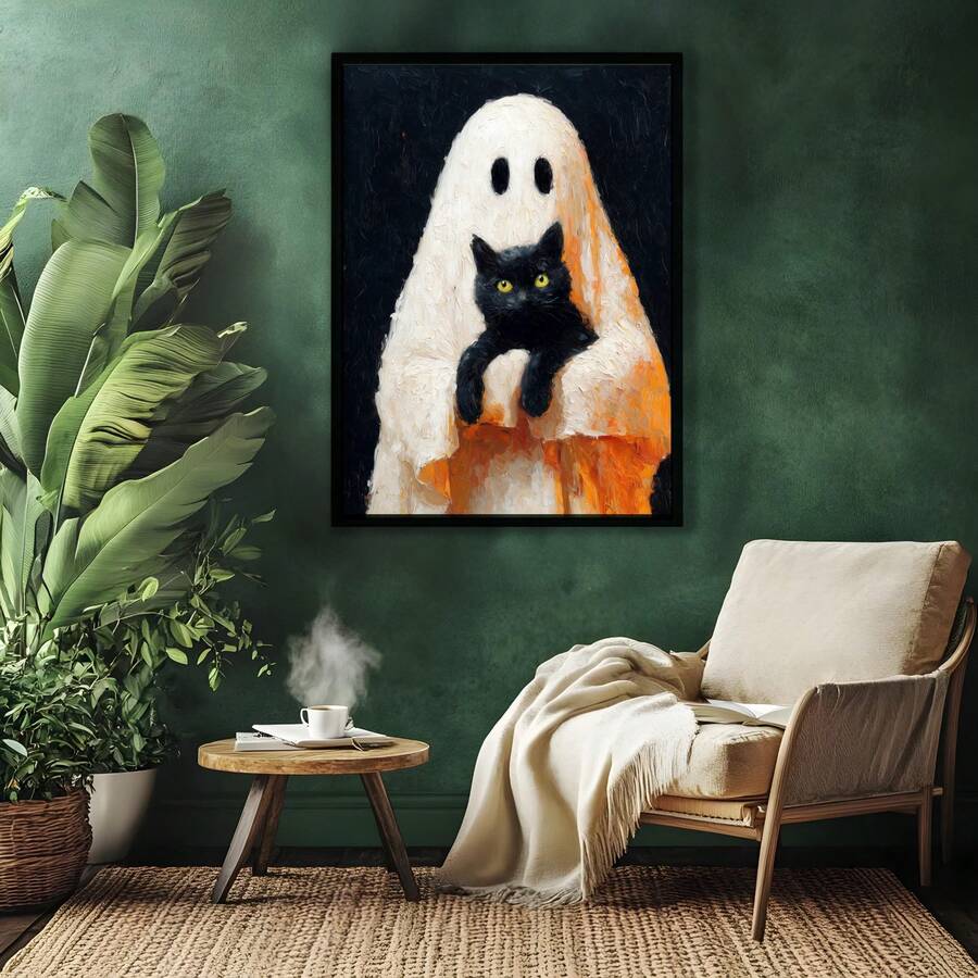 Ghost and black cat artwork above an armchair with plants and tea