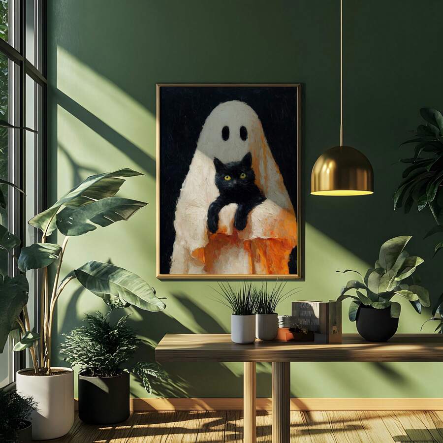 Gold-framed ghost and black cat artwork over a console amid tropical plants