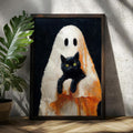 Dark wood framed ghost holding a black cat against a textured wall