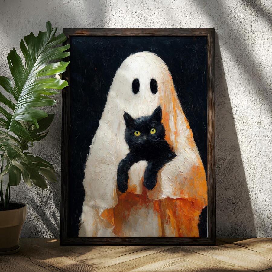 Dark wood framed ghost holding a black cat against a textured wall