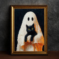 Ornate gold-framed ghost and black cat oil-style artwork