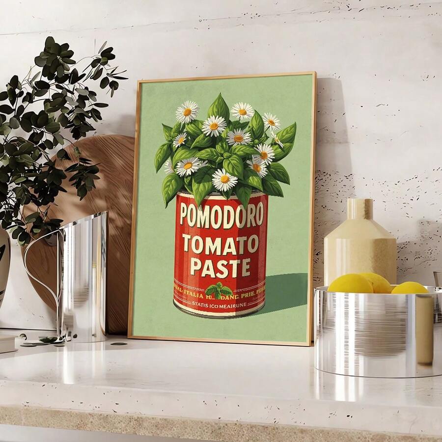 Pomodoro tomato can daisy poster beside lemons on a kitchen shelf