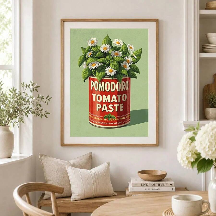Matted Pomodoro tomato and daisy wall art above a dining nook bench