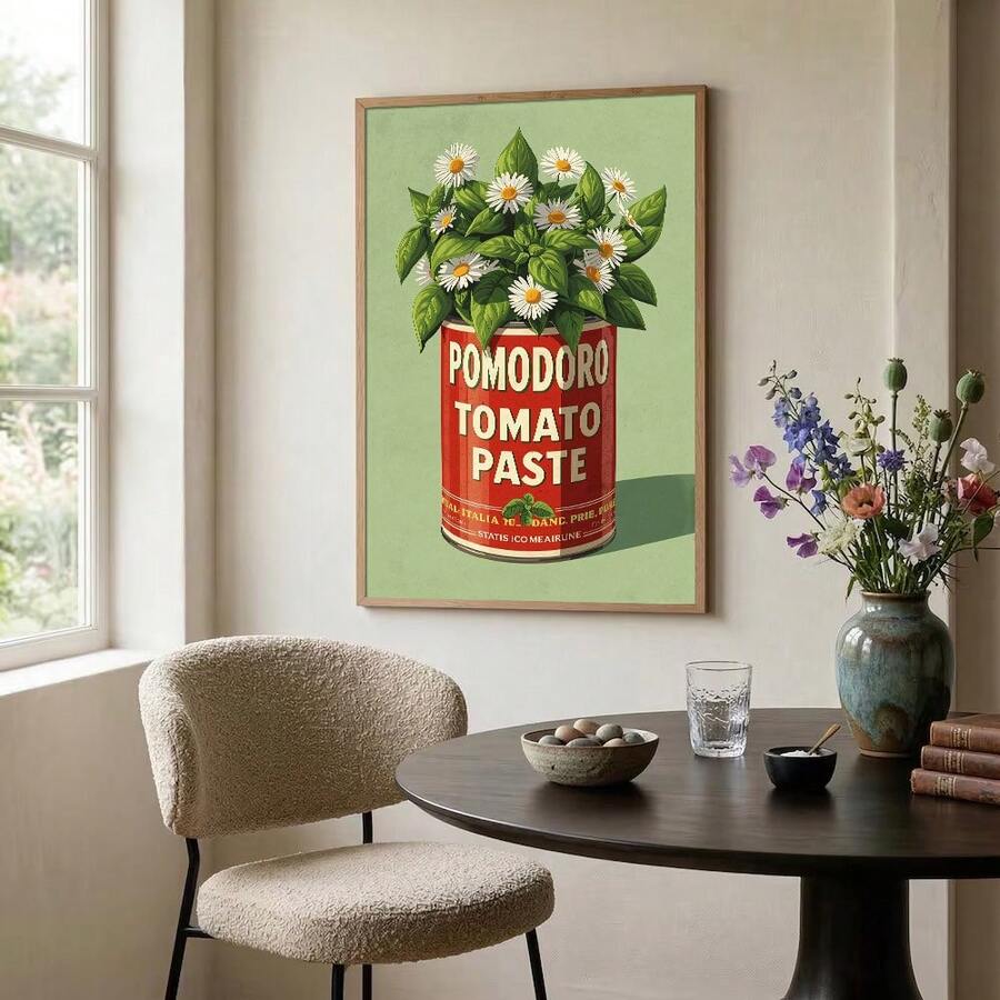 Framed tomato paste floral print above a round dining table by a window