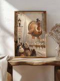 Vintage Thanksgiving city art in a natural wood frame beside a floral chair