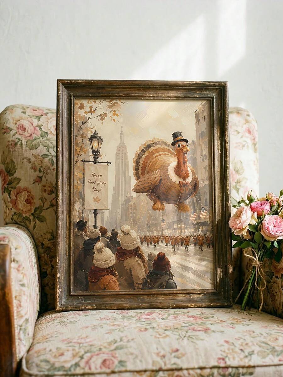 Autumn parade canvas poster displayed in a distressed dark wood frame on a console