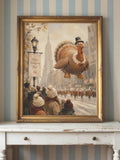 Thanksgiving turkey balloon city street wall art in an ornate gold frame above a mantel