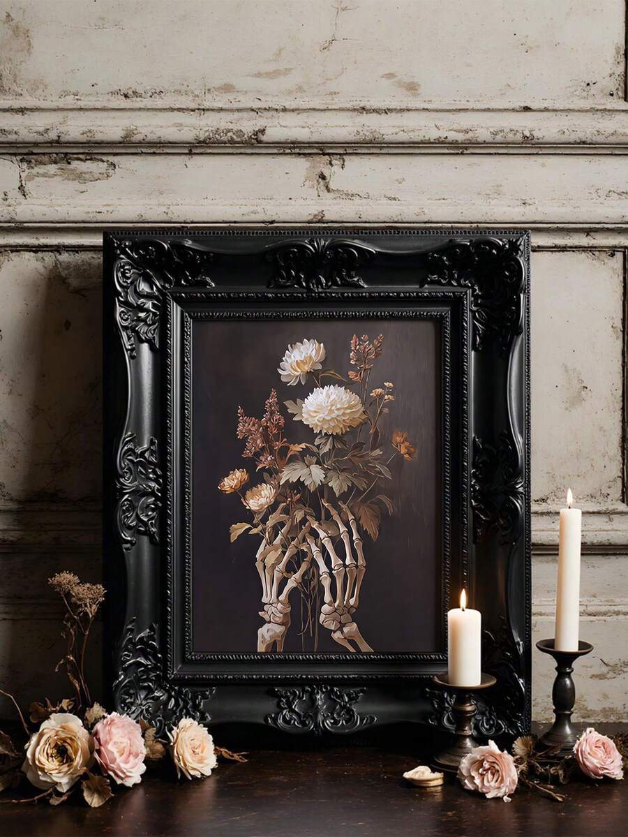 Dark skull with blooming flowers canvas artwork