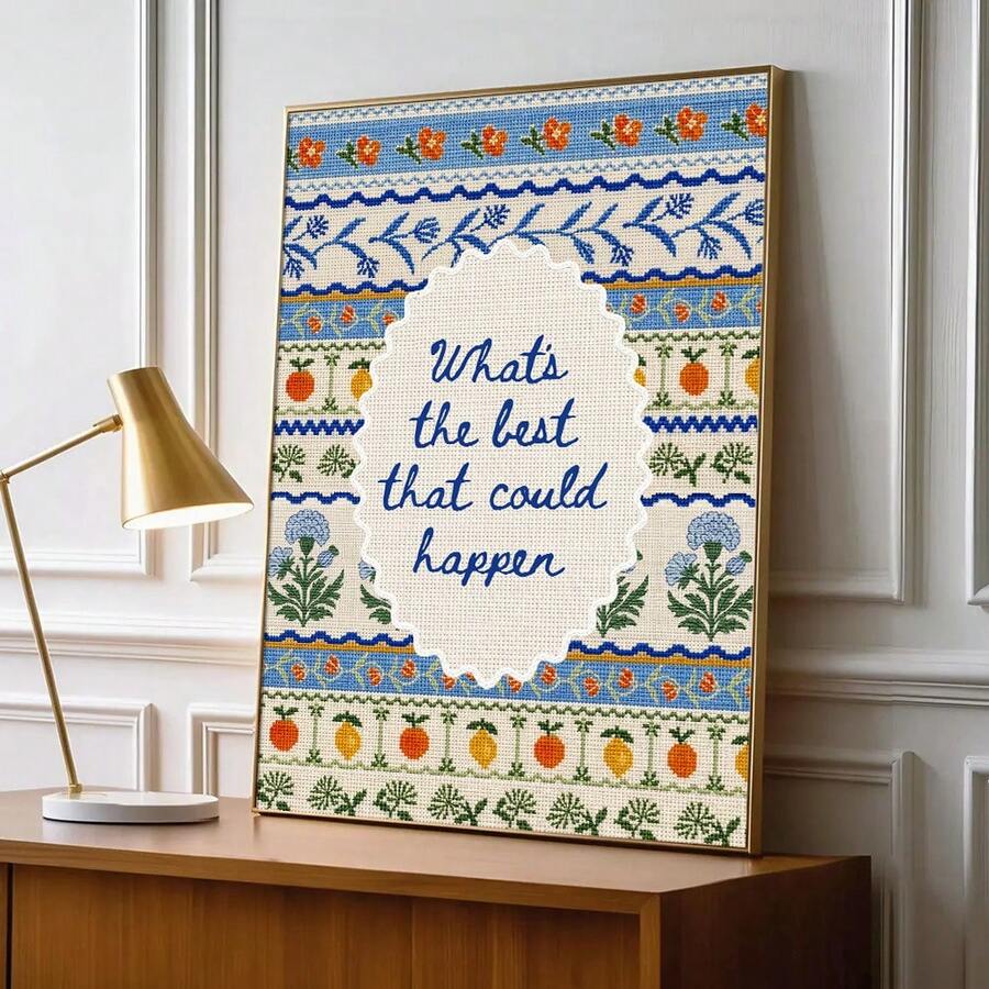 Framed positive saying canvas displayed on console beside brass lamp