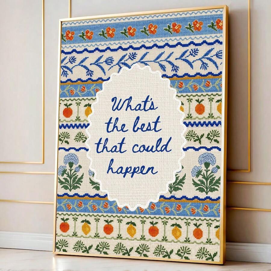 Blue inspirational quote and folk floral canvas in slim gold frame