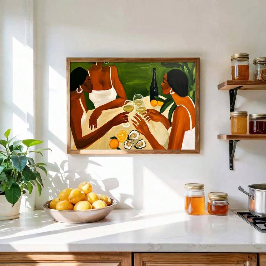 Framed figurative artwork of three women displayed in a bright kitchen above lemons and jars