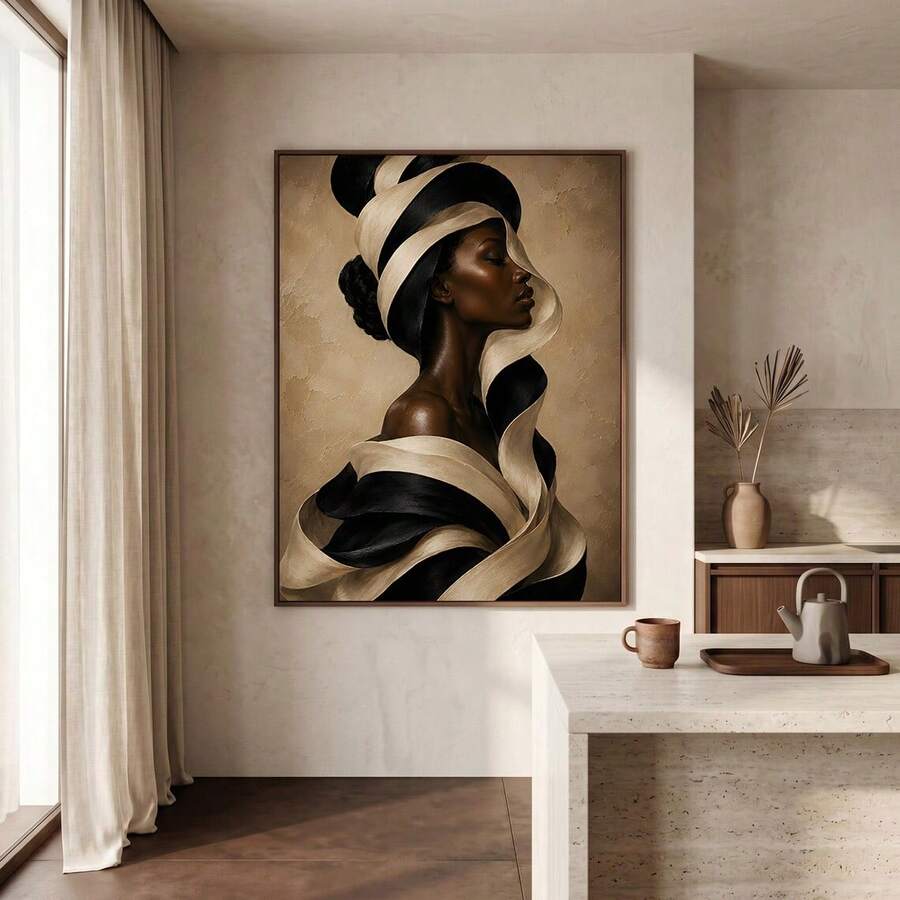 Afrocentric woman profile canvas portrait with black and ivory sculptural ribbons