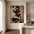 Luxury Black woman portrait wall art with flowing ivory ribbons and warm beige texture