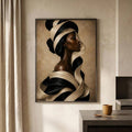 Contemporary Black woman profile artwork with sculptural black hair and ivory ribbon swirls