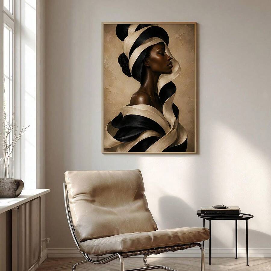 Modern Afrocentric portrait canvas poster with textured gold-beige ground and dark frame