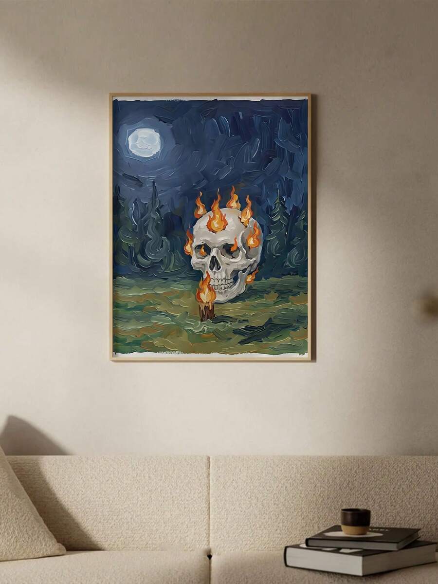 2D Flat Flaming Skull Gouache Painting Spooky Night Forest Impasto Canvas Poster