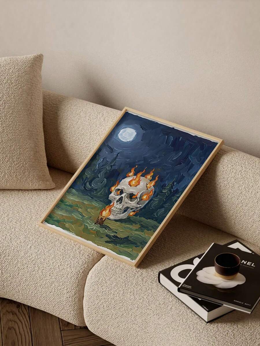 2D Flat Flaming Skull Gouache Painting Spooky Night Forest Impasto Canvas Poster