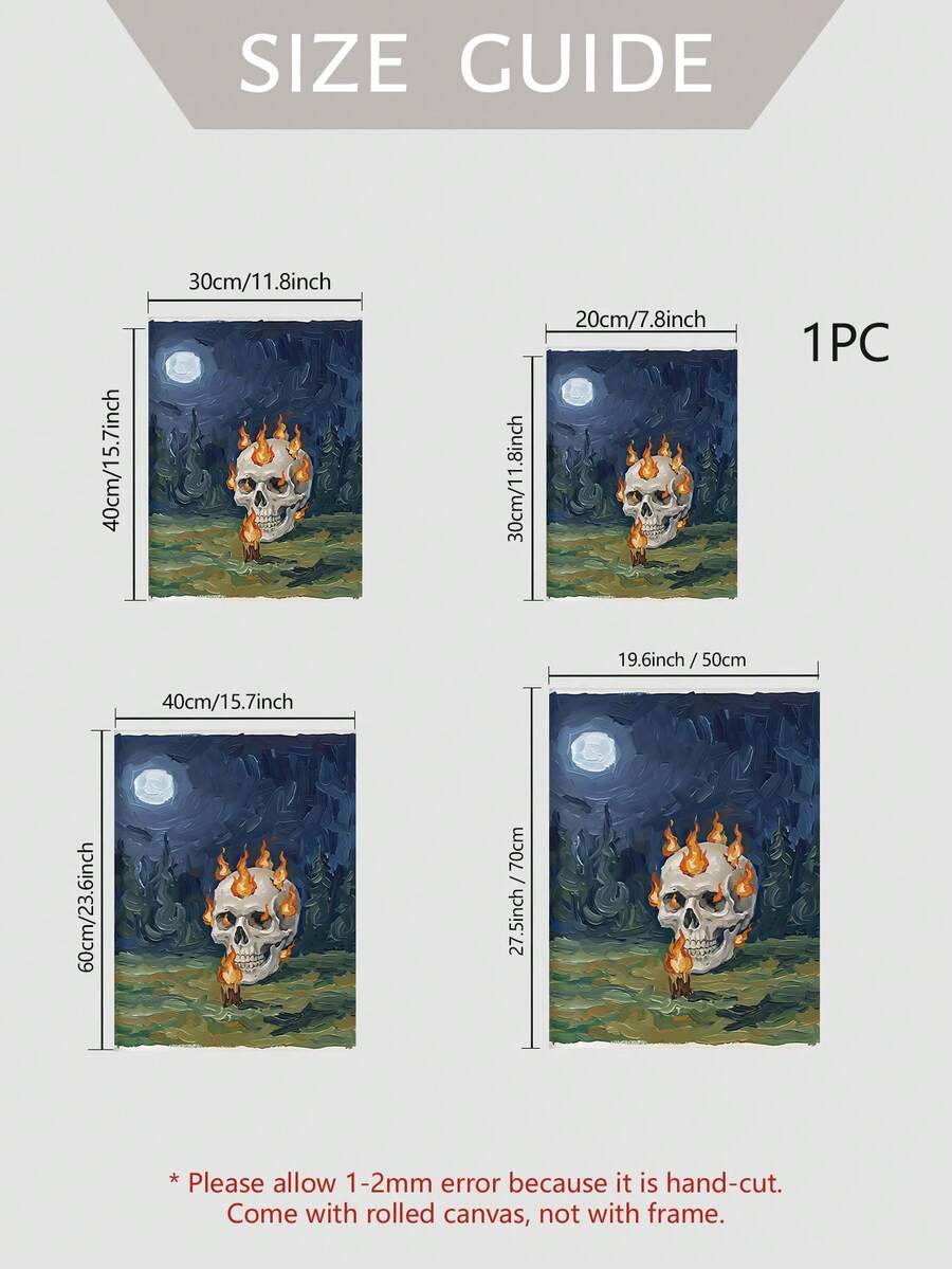 2D Flat Flaming Skull Gouache Painting Spooky Night Forest Impasto Canvas Poster
