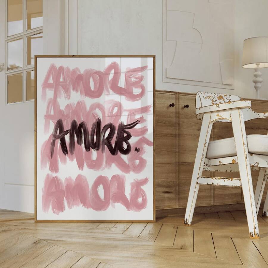 Framed Amore lettering canvas with blush brush script and dark center word