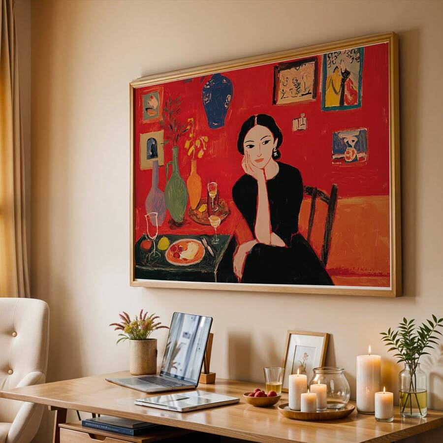 Matisse-style portrait canvas displayed over a desk and candles