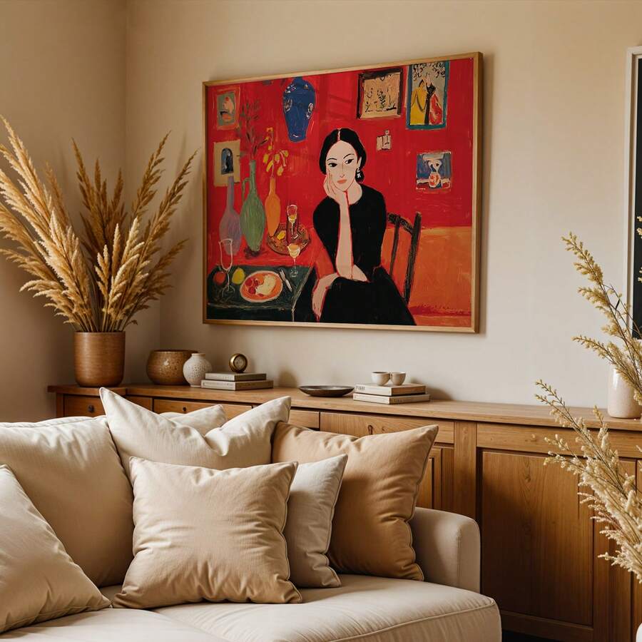 Bold red portrait canvas above a neutral living room sofa
