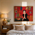 Red abstract woman portrait displayed above a bedroom bed