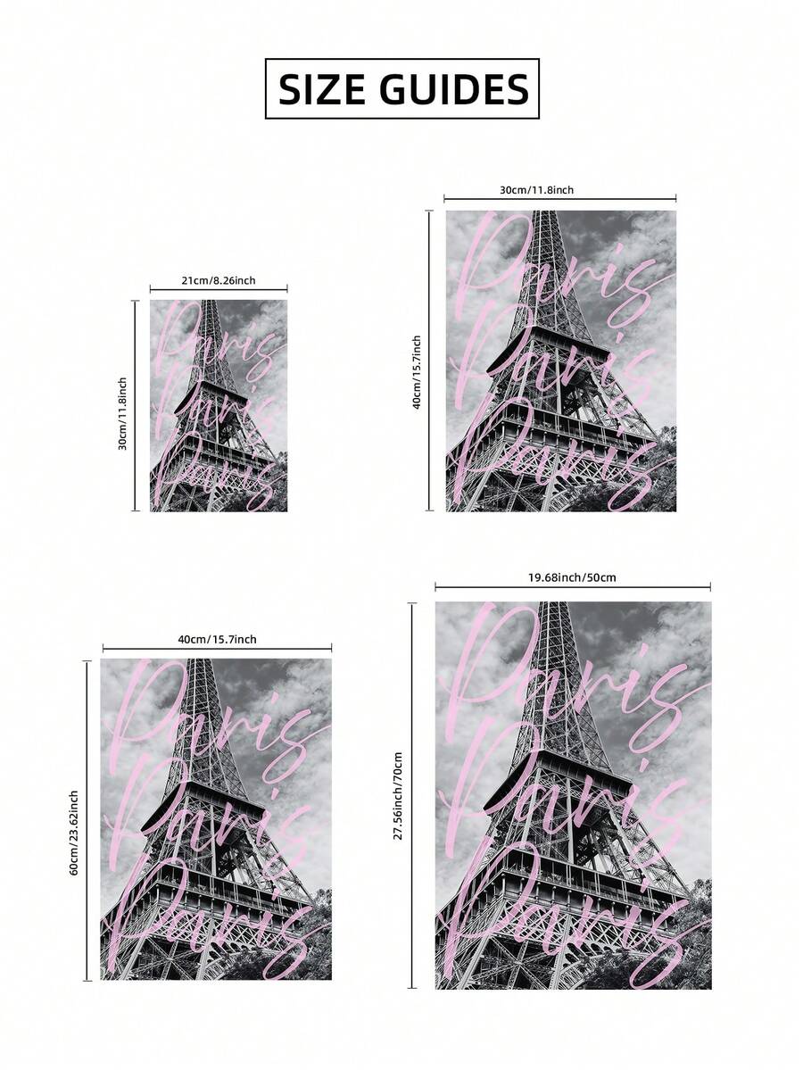 Size guide for portrait Eiffel Tower Paris print in 21x30, 30x40, 40x60, and 50x70 cm