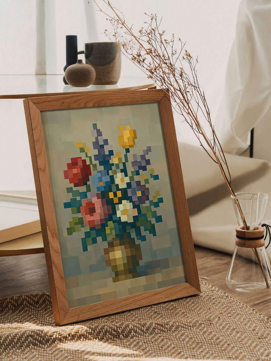 Pixel-style multicolor flower bouquet in a brown vase leaning in a warm wood frame