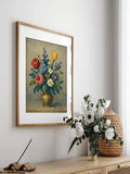 Matted pixel-art flower bouquet in a light wood frame above a pale console