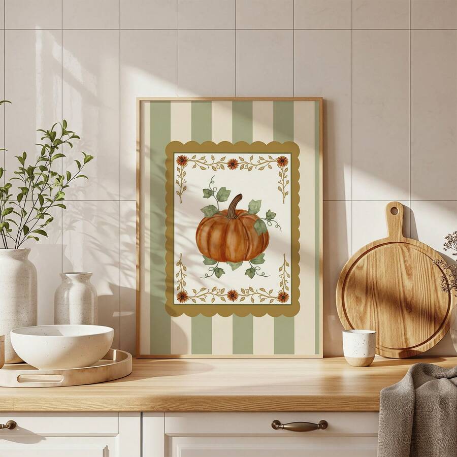 Autumn harvest wall art styled in a farmhouse kitchen