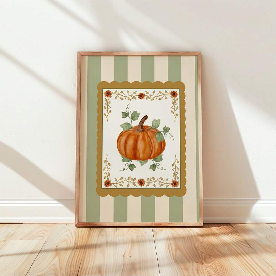 Orange pumpkin botanical artwork with green leaves and gold foliage