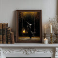 Vintage witch artwork above a mantel with books and pumpkins