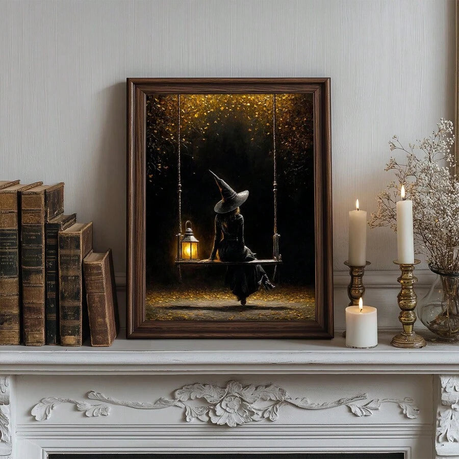 Vintage witch artwork above a mantel with books and pumpkins