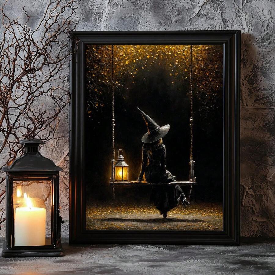 Gothic witch wall art with amber lantern and shadowy woods