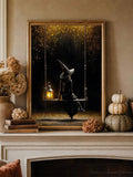 Witch on swing with lantern in dark autumn forest canvas poster