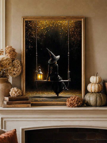 Witch on swing with lantern in dark autumn forest canvas poster