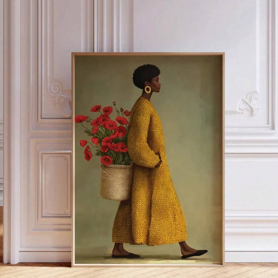 Black woman portrait canvas with mustard coat and red poppy basket in living room