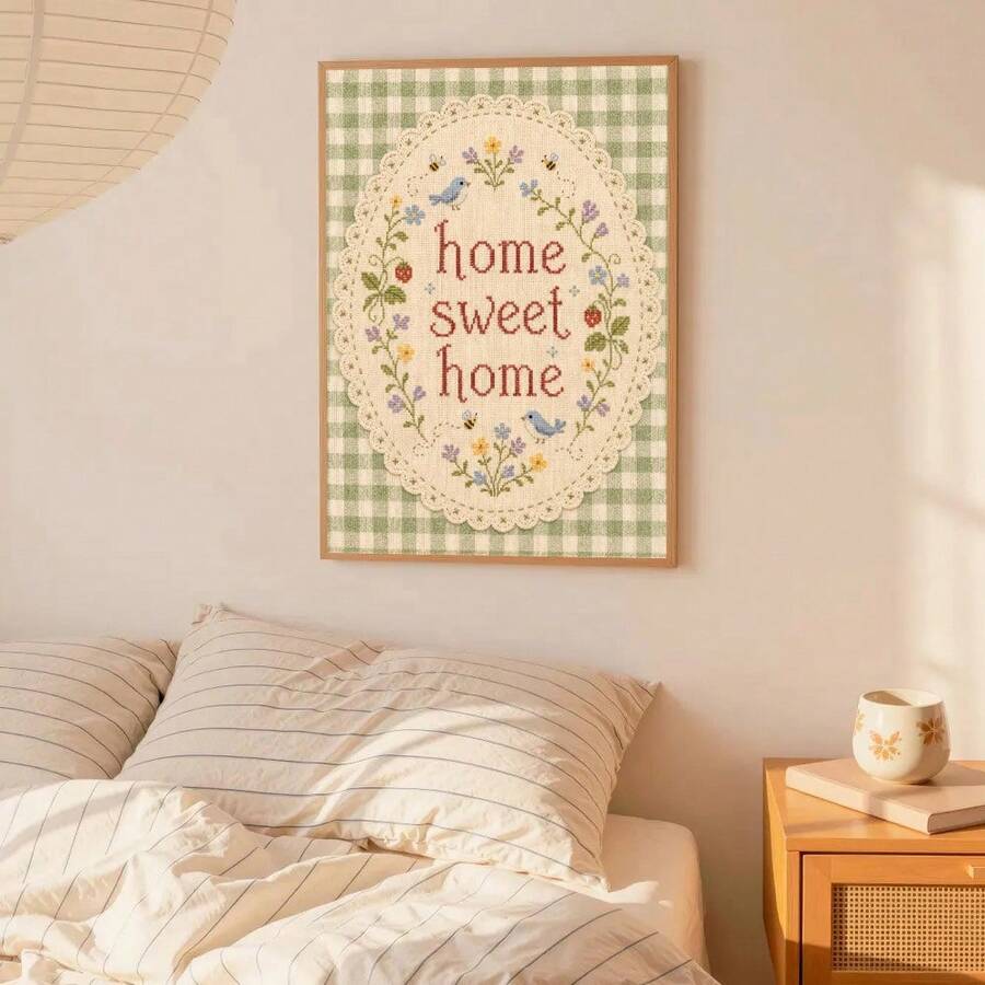 Home sweet home gingham folk art print displayed above a sunlit bed