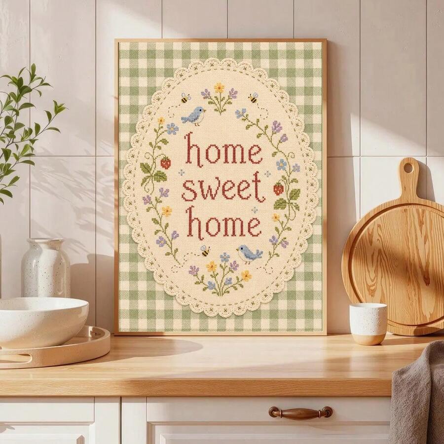 Framed home sweet home bird and flower sampler on a bright kitchen counter