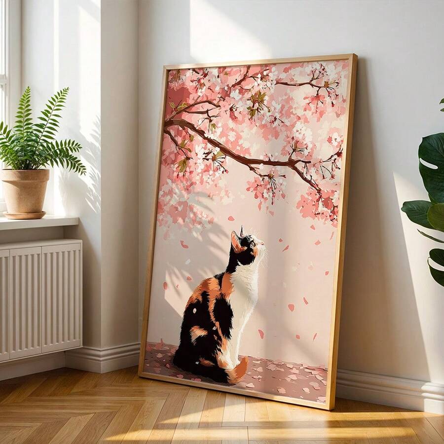 Japanese Style Cherry Blossom & Cat Spring Theme Canvas Poster