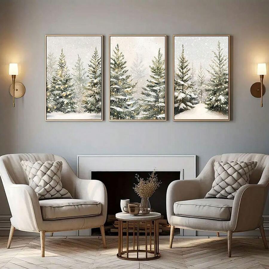 Three framed snowy pine landscape panels arranged above a sage green bed
