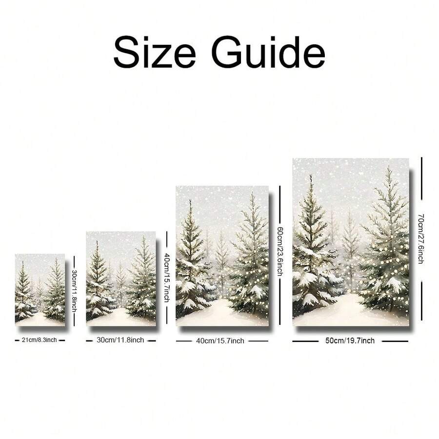 Three snowy evergreen canvas panels leaning on a wood cabinet