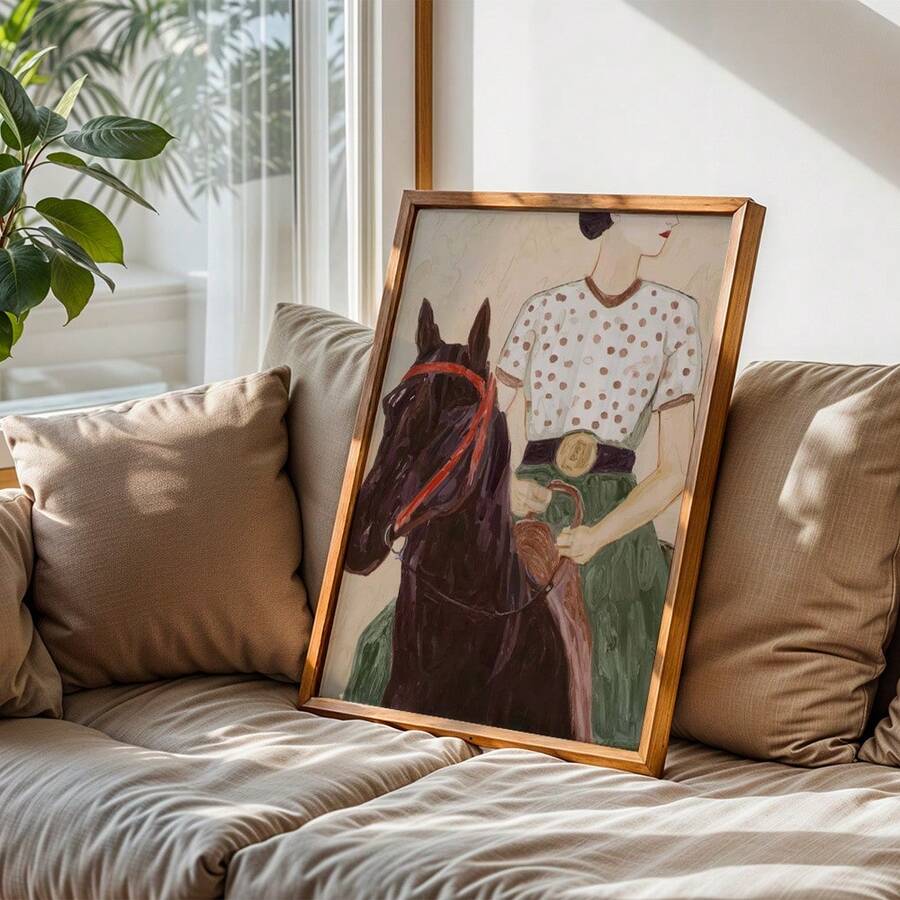 Bring a refined equestrian mood to your space with this equestrian wall art, featuring a poised woman riding a horse in a distinctive polka dot dress. The vintage-inspired scene combines fashion, movement, and pastoral character in a composition that feels expressive without overwhelming the room. 