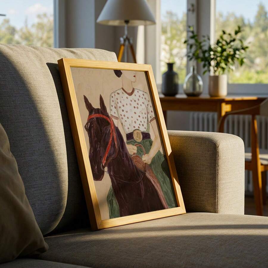 Bring a refined equestrian mood to your space with this equestrian wall art, featuring a poised woman riding a horse in a distinctive polka dot dress. The vintage-inspired scene combines fashion, movement, and pastoral character in a composition that feels expressive without overwhelming the room. 