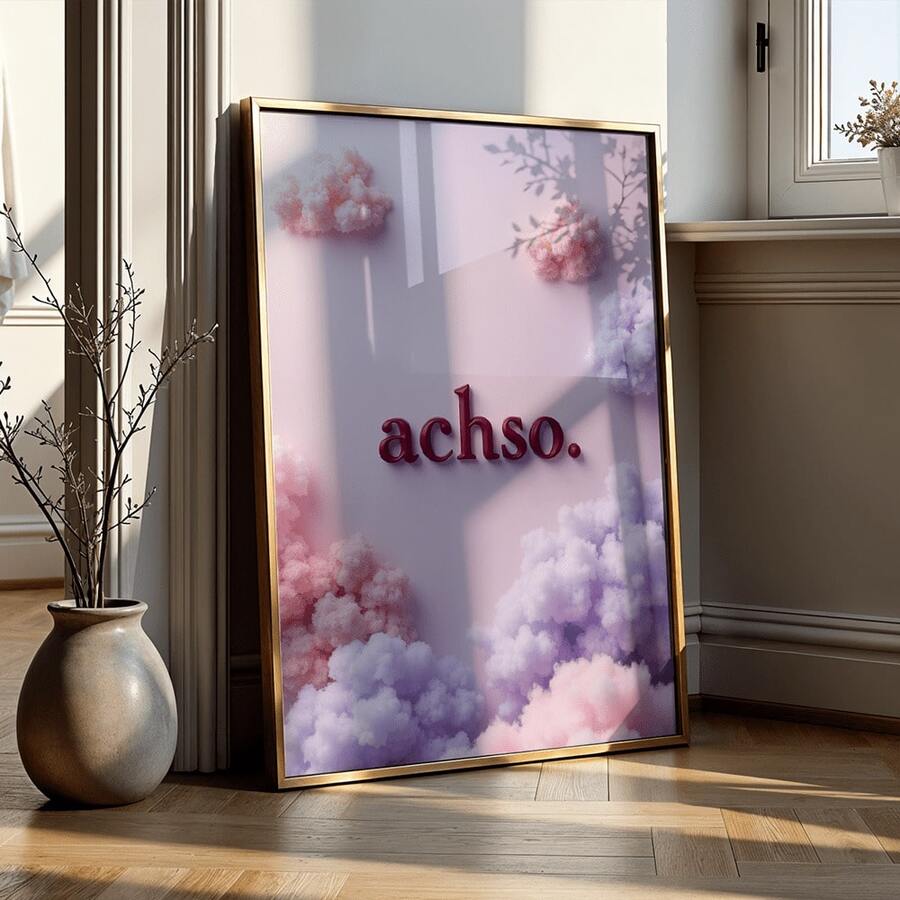 Add a soft, expressive accent to your home with this bohemian canvas poster featuring the playful “achso.” lettering set against dreamy pink-lilac clouds. Its whimsical contemporary design brings a gentle focal point to a room without feeling loud or overworked.