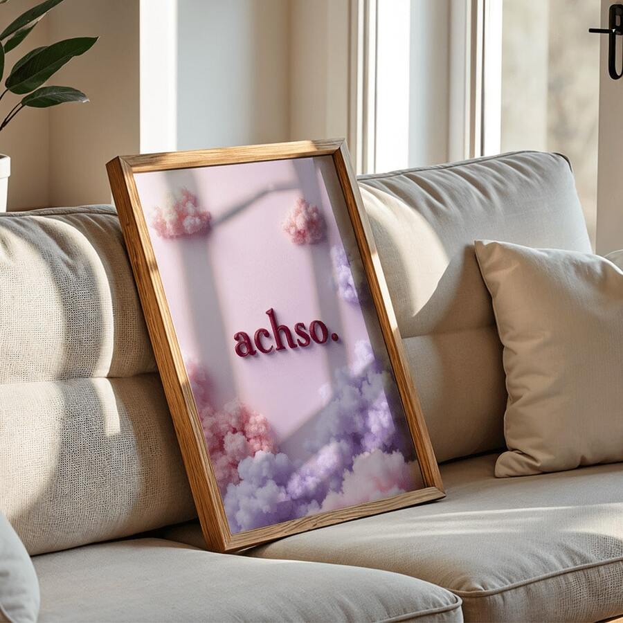 Add a soft, expressive accent to your home with this bohemian canvas poster featuring the playful “achso.” lettering set against dreamy pink-lilac clouds. Its whimsical contemporary design brings a gentle focal point to a room without feeling loud or overworked.