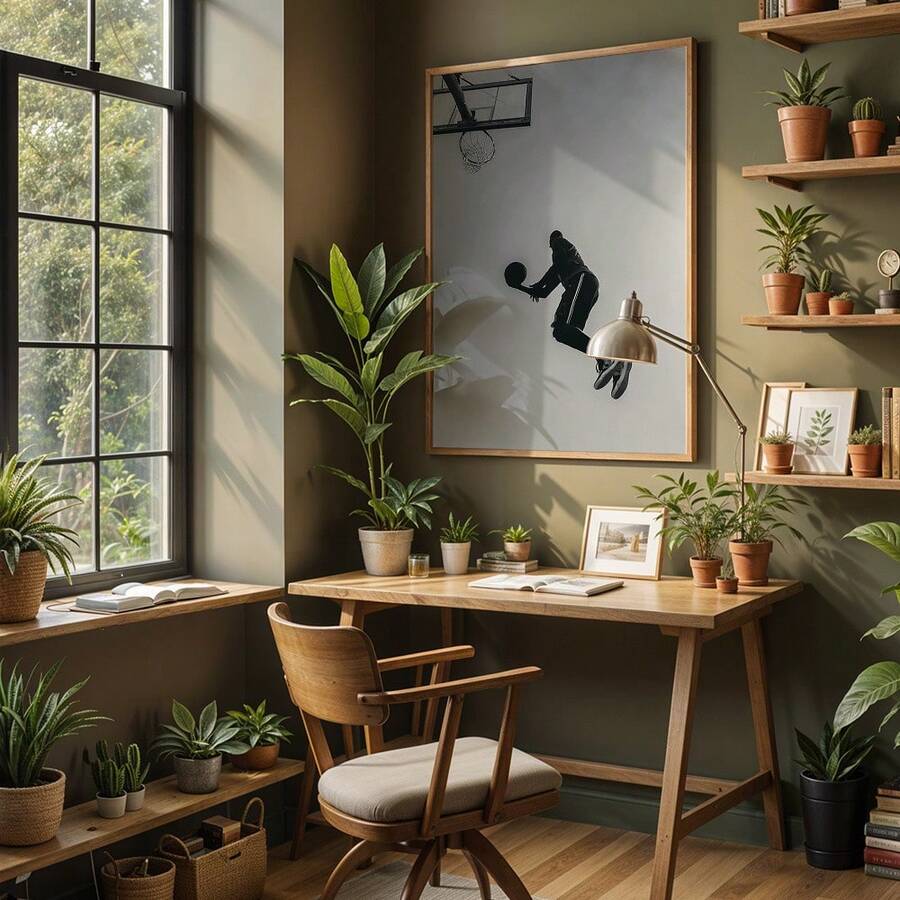 Monochrome basketball player poster in a wood frame in a plant-filled home office