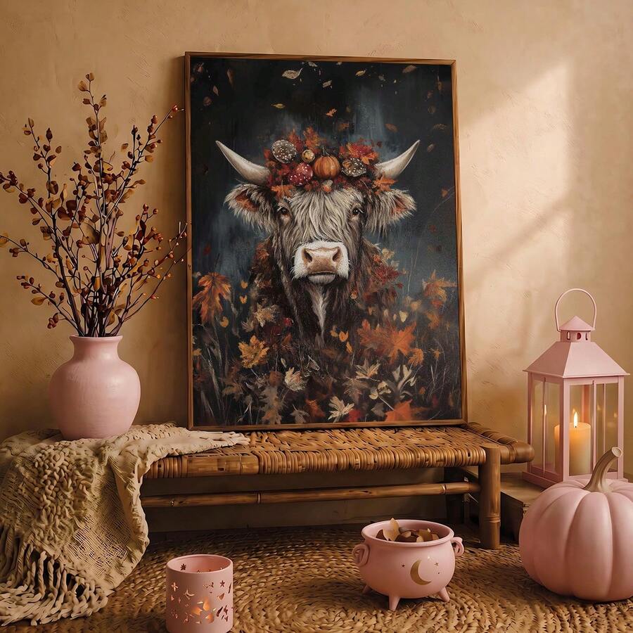Highland cow autumn leaf crown and pumpkin canvas poster in a light frame on the floor