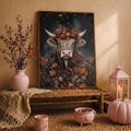 Highland cow leaf crown poster above a rattan bench with pink lantern and pumpkin
