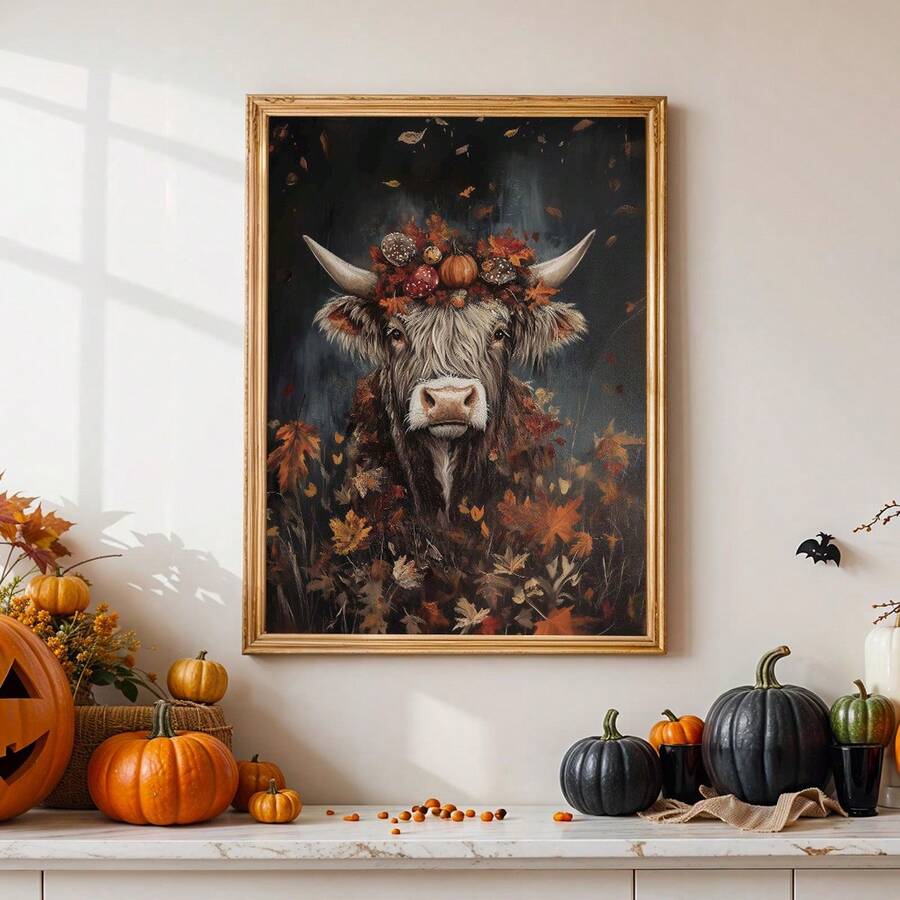 Highland cow fall canvas art in a gold frame with a Halloween pumpkin display